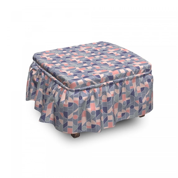 Geometric Ottoman Cover, Abstract Retro Shapes, 2 Piece Slipcover Set with Ruffle Skirt for Square Round Cube Footstool Decorative Home Accent, Standard Size, Multicolor, by Ambesonne