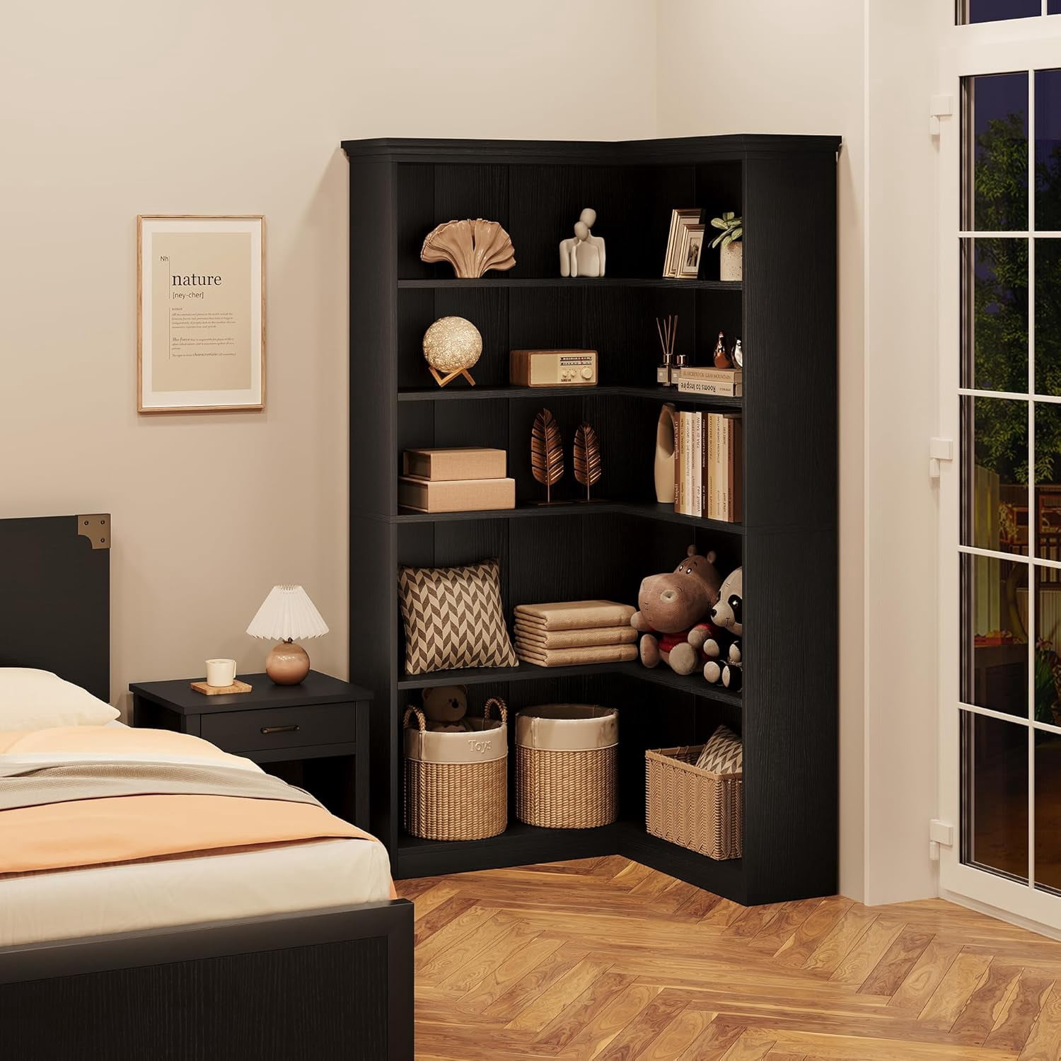 Garvee Large 5-Tier L-Shaped Corner Bookshelf, 35.5 x 35.5 x 72.8", Black
