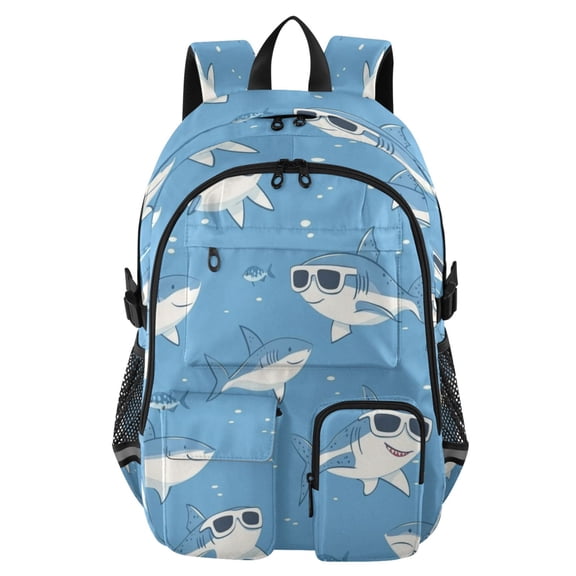 30L Backpack Durable Computer Bag for College & Travel Lightweight Daypack Fits 15.6" Laptop Cute Sharks Wearing Sunglasses