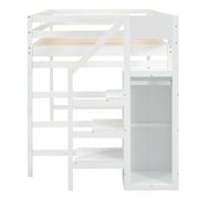 Euroco Modern Wood Full Size Loft Bed with Storage Wardrobe and Shelves for Kids Teens, White