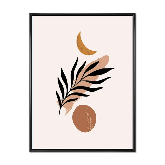 Designart 'Abstact Tropical Palm Leaf, Minimal Sun And Moon I' Modern Framed Canvas Wall Art Print