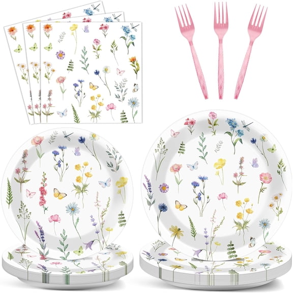 96 Pcs Wildflower Party Plates and Napkins Floral Theme Party Decorations Flower Paper Plates Disposable Dessert Tableware Set Spring Summer Bridal Shower Wedding Tea Birthday Supplies 24 Guests