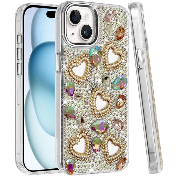 Phone Case for Apple iPhone 15 Plus Luxury Crystal Heart Rhinestone Diamond Bling Shockproof Hybrid Glitter Protective Stylish Durable Grip Cover MultiColor