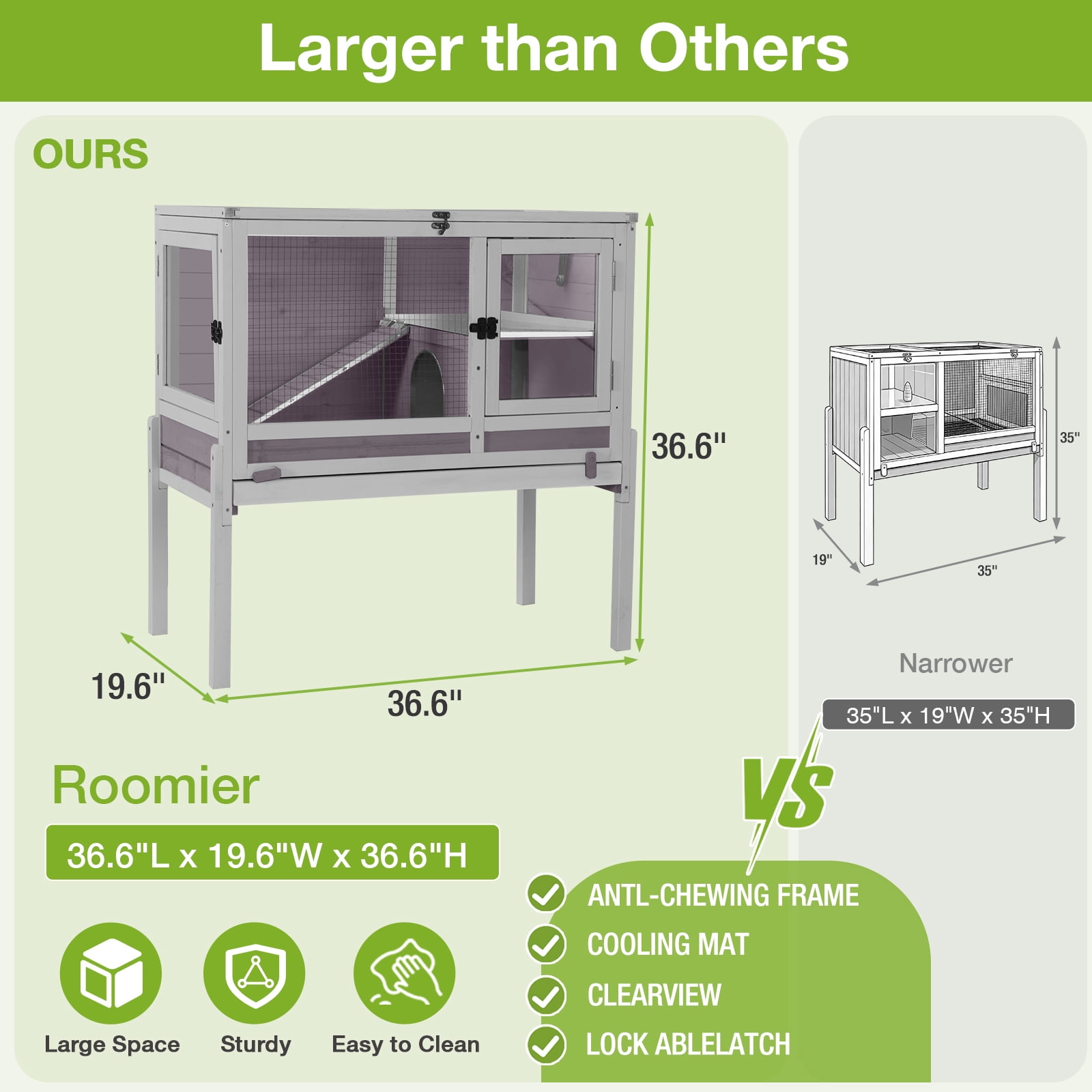Aivituvin Indoor Guinea Pig Cage Rabbit Hutch with Chew-Proof Ramp, 2-Story Wooden Bunny House with Pull-Out Trays & Leakproof PVC Layer, Small Animal Cages with Detachable Legs (Gray)