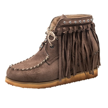 

iOPQO Women s Ankle Boots Up Flat Suede Fashion Lace Color Retro Boots Fashion Tassel Boots Women s Solid women s boots Vintage Fringe Strap Suede Brown 40