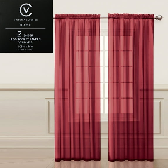 Two (2) Red Sheer Rod Pocket Window Curtain Panels: 108"W x 84"L, Fully Hemmed
