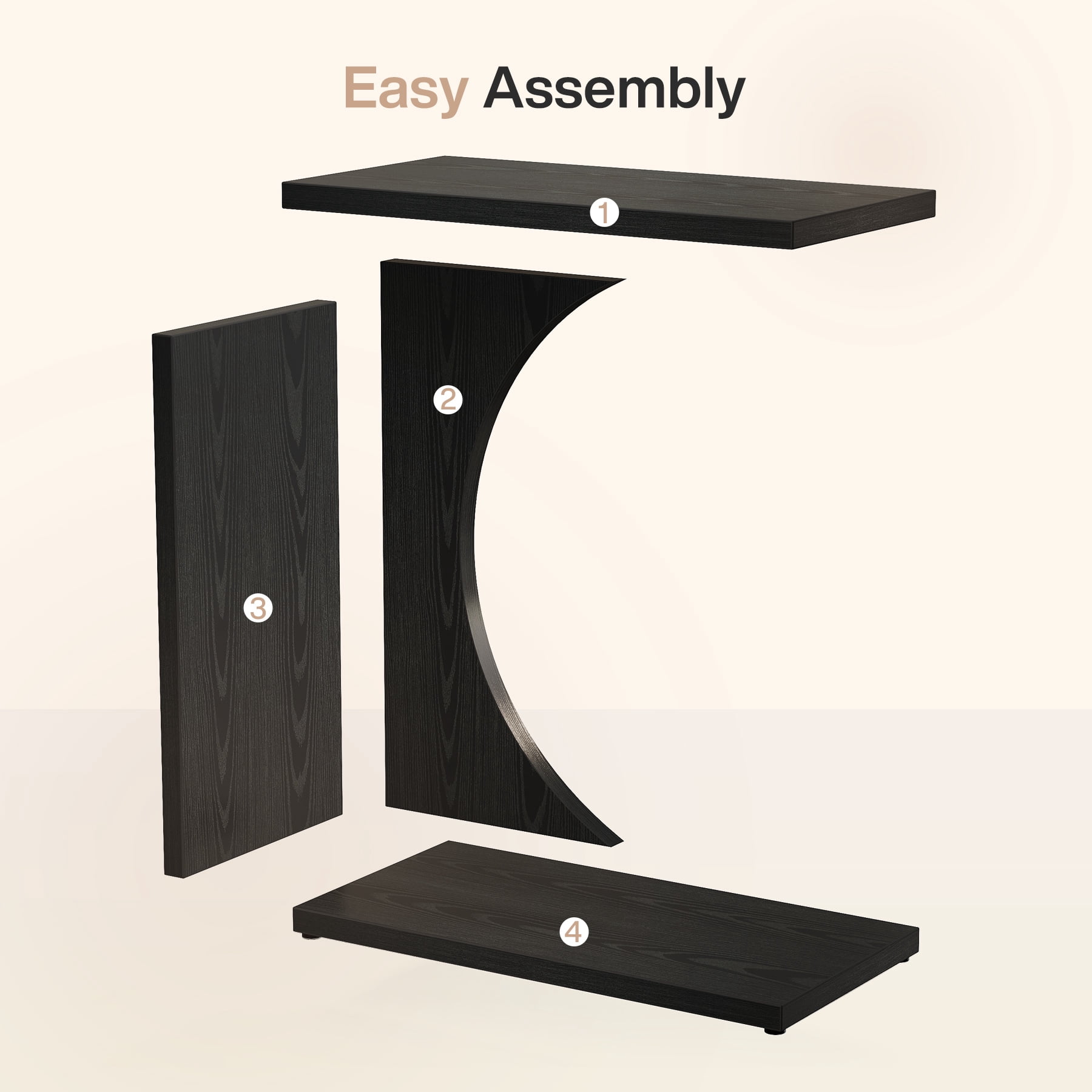 Fnova End Table Farmhouse C-shaped Side Table, Narrow Wooden Sofa Table with Space-Saving Design, Modern Bedside Table, Easy Assembly, Corner Table for Living Room, Bedroom, Nightstand, Black