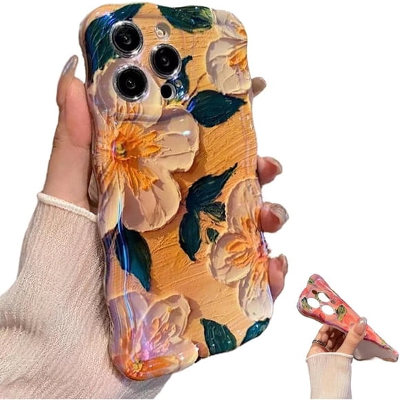 Lurvia Funda para teléfono, colorida pintura al óleo retro flor patrón de luna, funda protectora de TPU delgada a prueba de golpes, funda floral impermeable Airbag anti-caída (amarillo, para iPhone 13