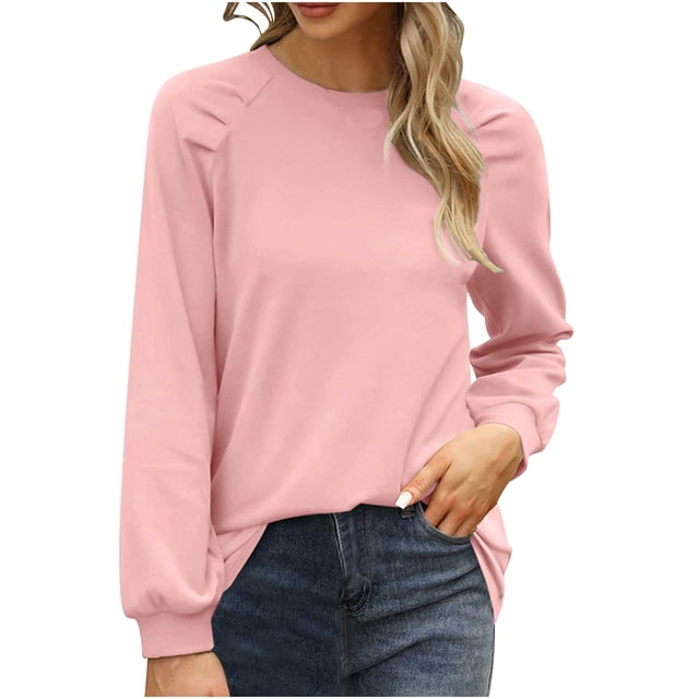 MeetoTime Hauts à Manches Longues en Coton pour Femmes Chemise de Travail Décontractée Couleur Unie Col Rond Tunique