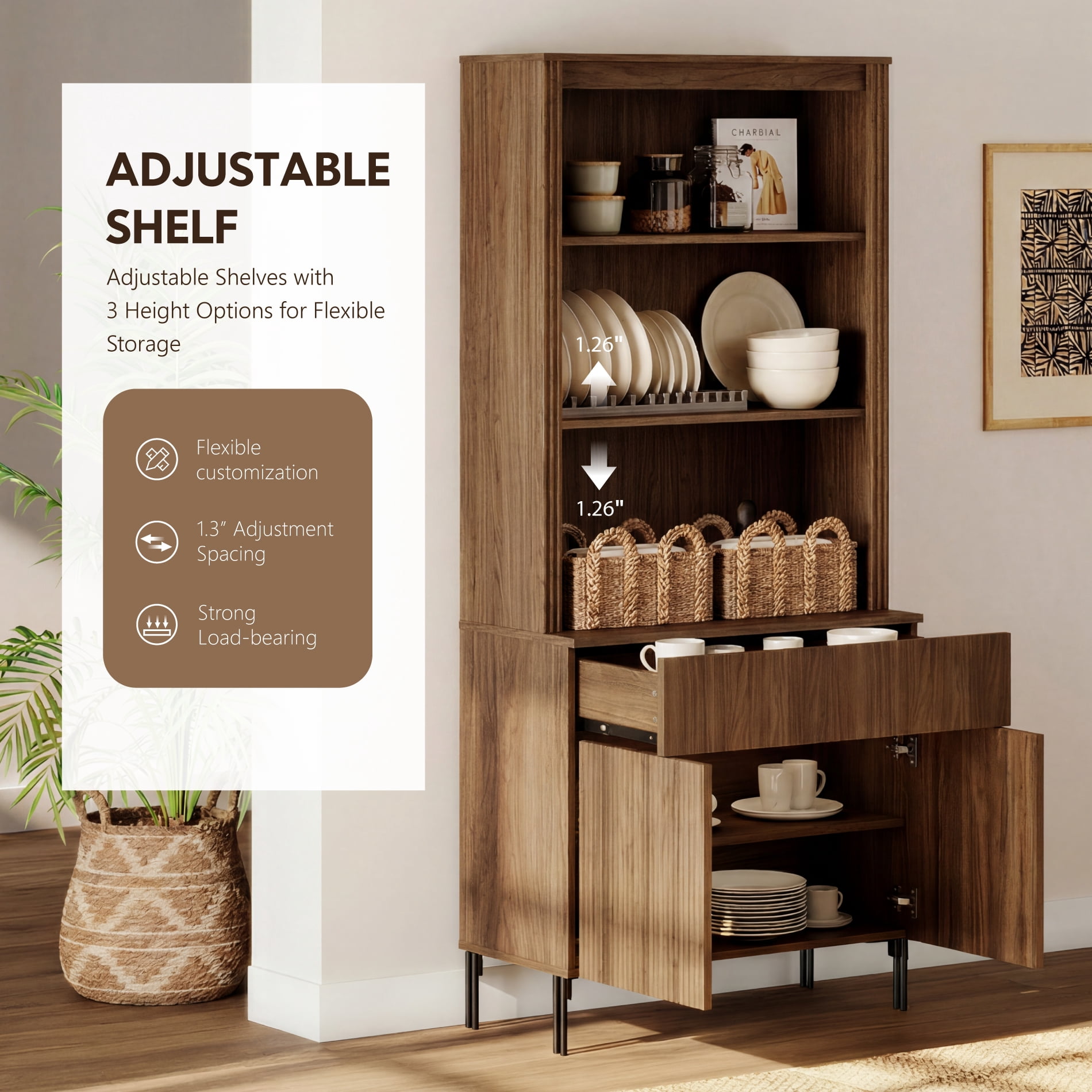71.6" Tall Modern 5 Tier Bookcase with Storage Cabinet, Wooden Display Cabinet with Fluted Doors and Drawer, Versatile Bookshelf for Living Room, Study, Office