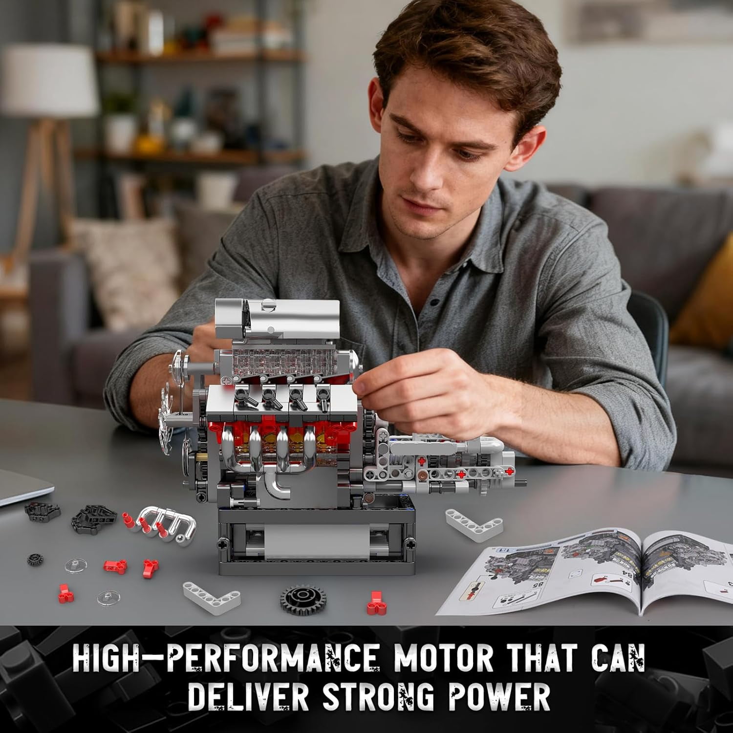 SEEMEY 10225 V8 Engine Model Kit that Works - Car Engine Building Blocks Kit with Battery, STEM Mechanic Engineering Construction Set for Adults(855 PCS)