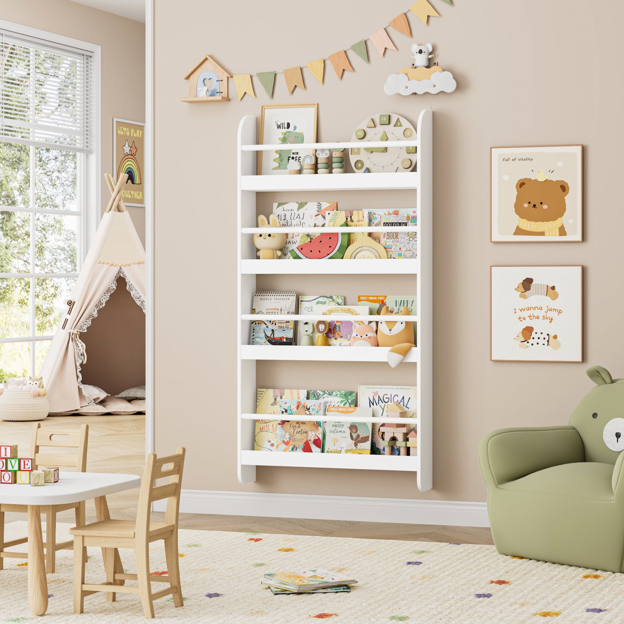 Homfa 4-Tier Wall Bookshelf, 44.5"H Wall-Mounted Kids Bookshelf, Book Storage Rack for Kids Room, White