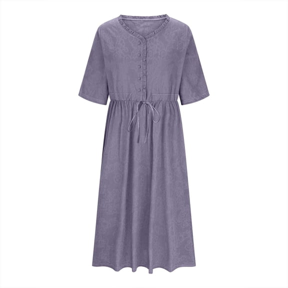 Einccm Women's Casual Midi Dress 3/4 Sleeve V Neck Solid Jacquard Drawstring Waist Dress with Pockets for Summer Spring Daily Work Vacation Elegant Comfy Style