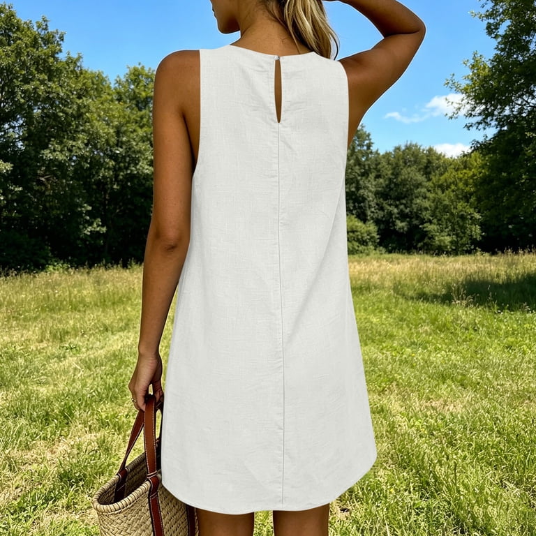 linen swing dress Eawtki Women's Crew Neck Sleeveless Mini Linen Dress Loose Straight Fit Casual Summer Everyday Swing Dress For Travel, Size: 2XL, Beige
