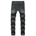 thumbnail image 3 of OUSITAID Men Ripped Jeans Letter Embroidery Pattern Stretch Skinny Zipper Solid Color Straight Leg Pencil Pants, 3 of 5