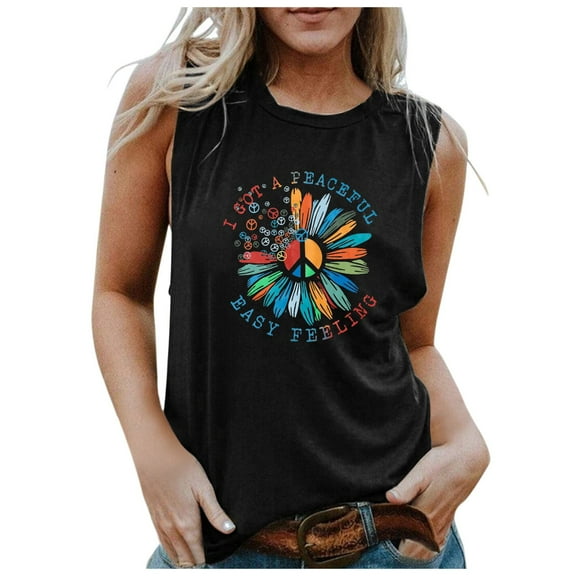 T Shirts for Women Trendy Sunflower Graphic Tees Navy Sleeveless Peace Sign Loose Tank Tops Black Oversized Blouses L