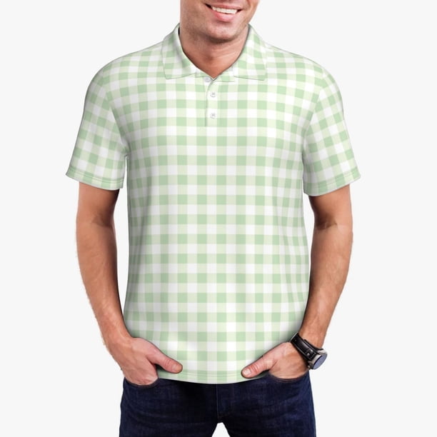 Fotbe Green Checkboard Camiseta Polo de Golf para Hombre con Estampado – Camisa Deportiva Transpirable con Cuello Abotonado-3X-Large
