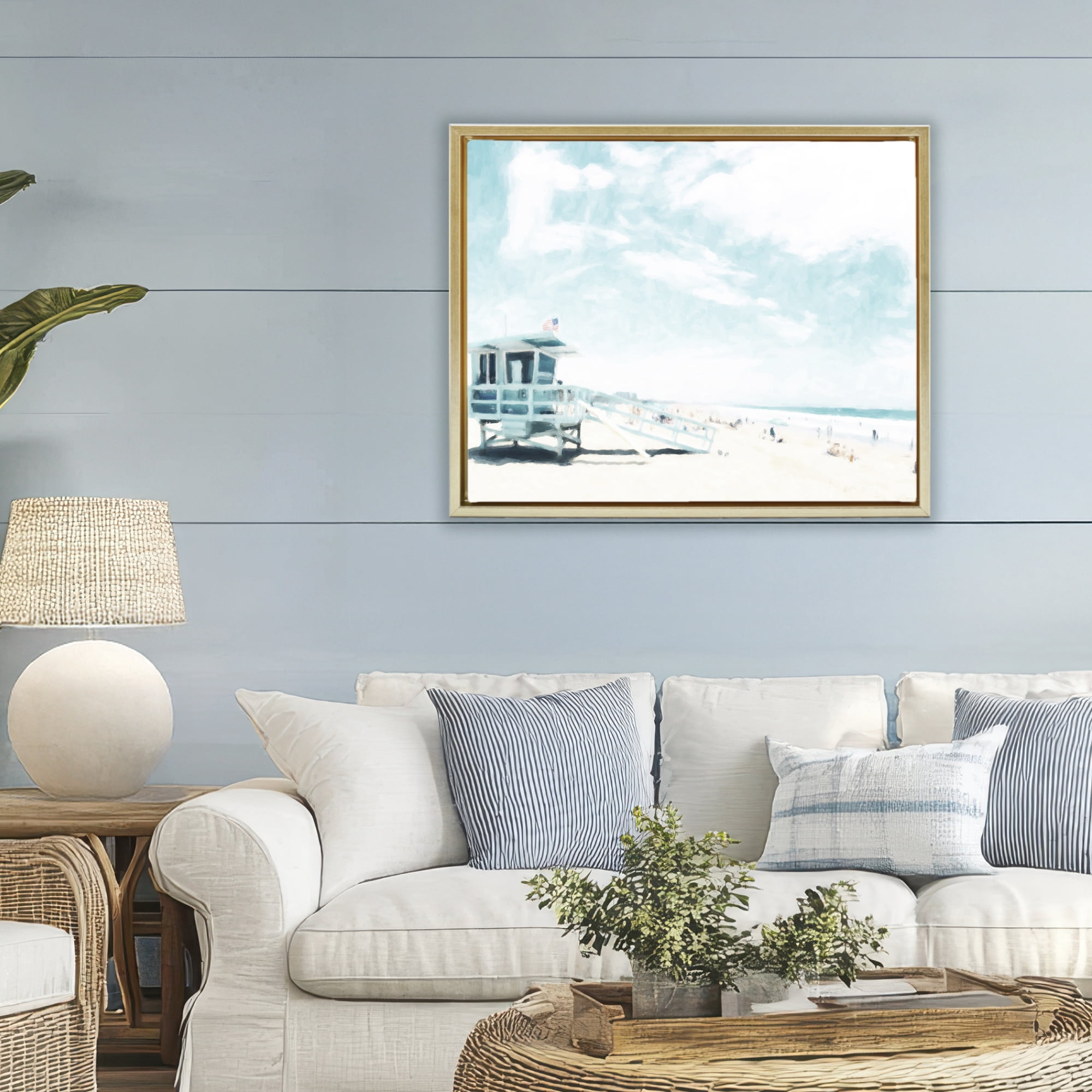 Stupell Industries Blue Beach Station Gold Framed Floater Canvas Wall Art, design by Kim Curinga