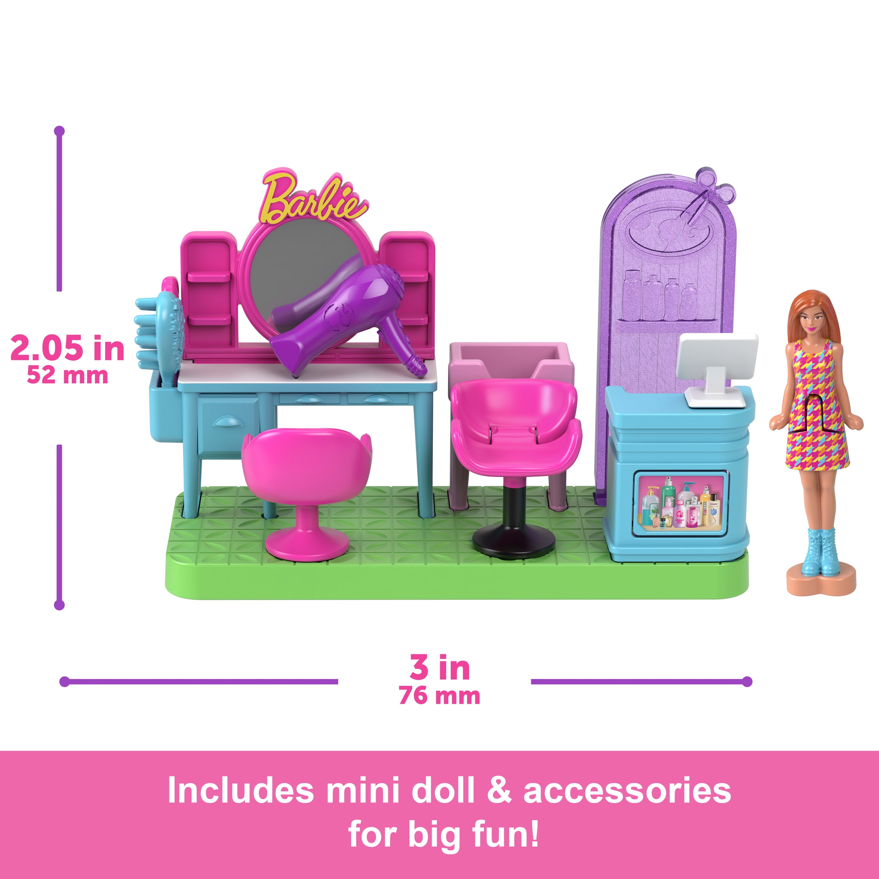 Barbie Mini BarbieLand Collectible Hair Salon Playset with 1.5-inch Barbie Doll, Interactive Play Areas for Storytelling Fun