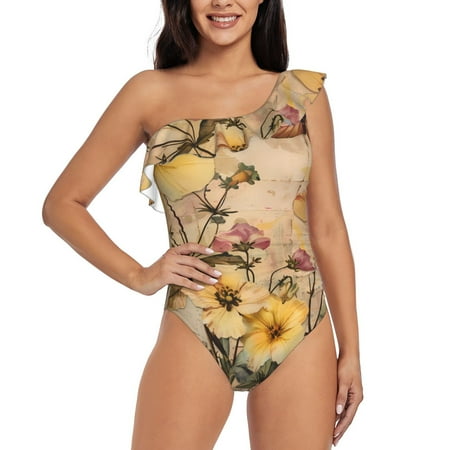 Qokaie Vintage Floral Butterfly Collage Print Women s One Piece Swimsuits Tummy Control Bathing Suits Asymmetric One Shoulder Swimwear-Large