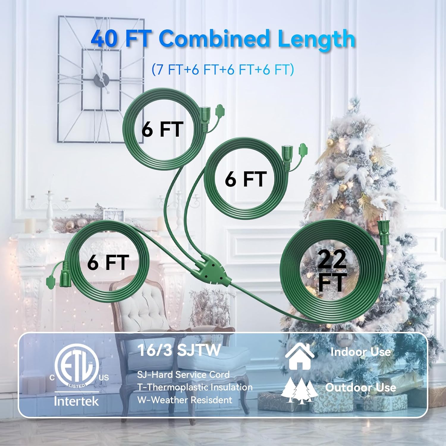 - 40 FT Christmas Lights Outdoor Extension Cord 1 to 3 Splitter, 3 Prong Outlets Plugs, 16AWG/3C SJTW Weatherproof Wire for Holiday Decoration Light, ETL Listed, Green