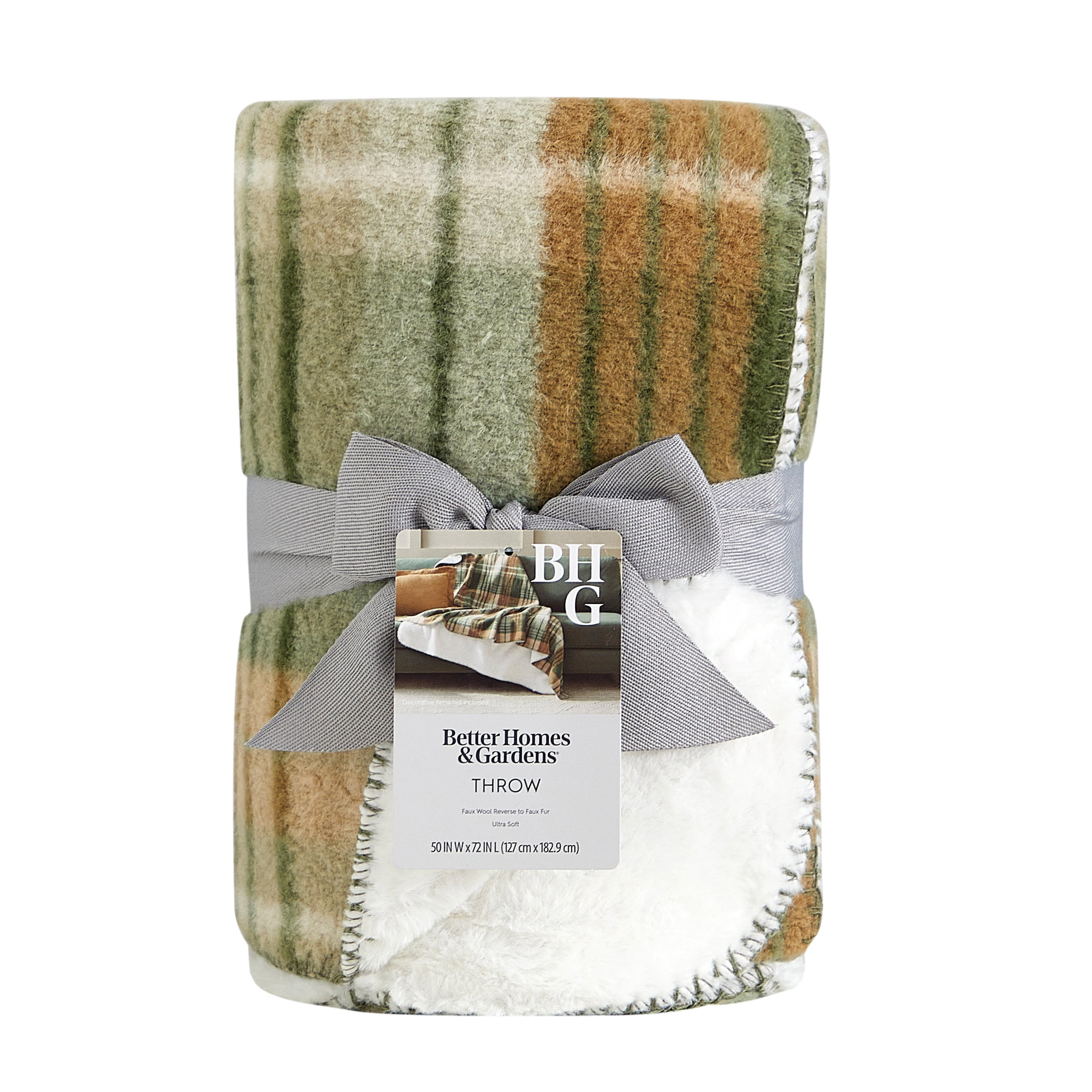 Better Homes & Gardens Green Plaid Faux Wool Reverse to Faux Fur Throw, 50" x 72"