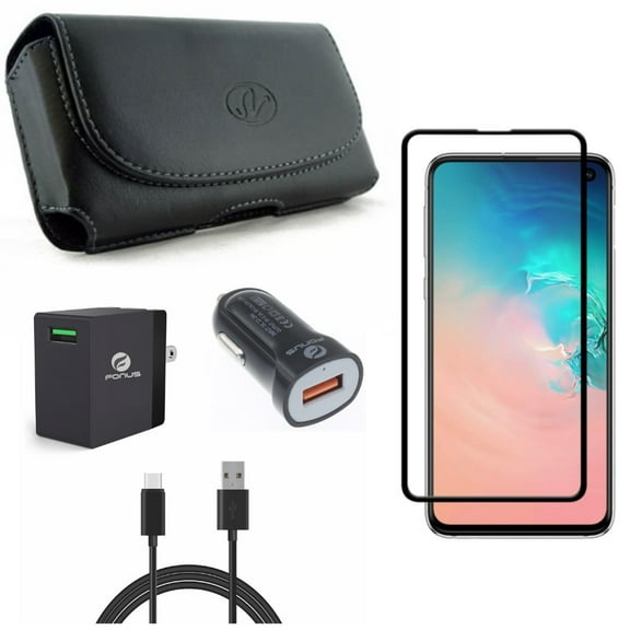 Galaxy S10e Fast Home Car Charger w Screen Protector w Case Belt Clip - USB Cable Type-C 6ft Long, Tempered Glass 5D Curved Edge, Leather Holster Cover for Samsung Galaxy S10e Phone
