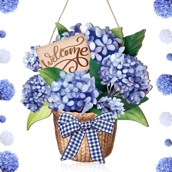 XIBUFE Summer Door Decorations Blue Hydrangea Wreaths Sign Flowers Floral Door Hanger Rustic Wooden Welcome Hanging Wreath Decorations for Summer Front Indoor Home Porch Wall Windows