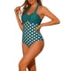 thumbnail image 4 of Monokini de cuello halter con lunares para mujer, traje de baño de una pieza con control de abdomen y corte de cuerda, color verde oscuro medio, 4 of 5