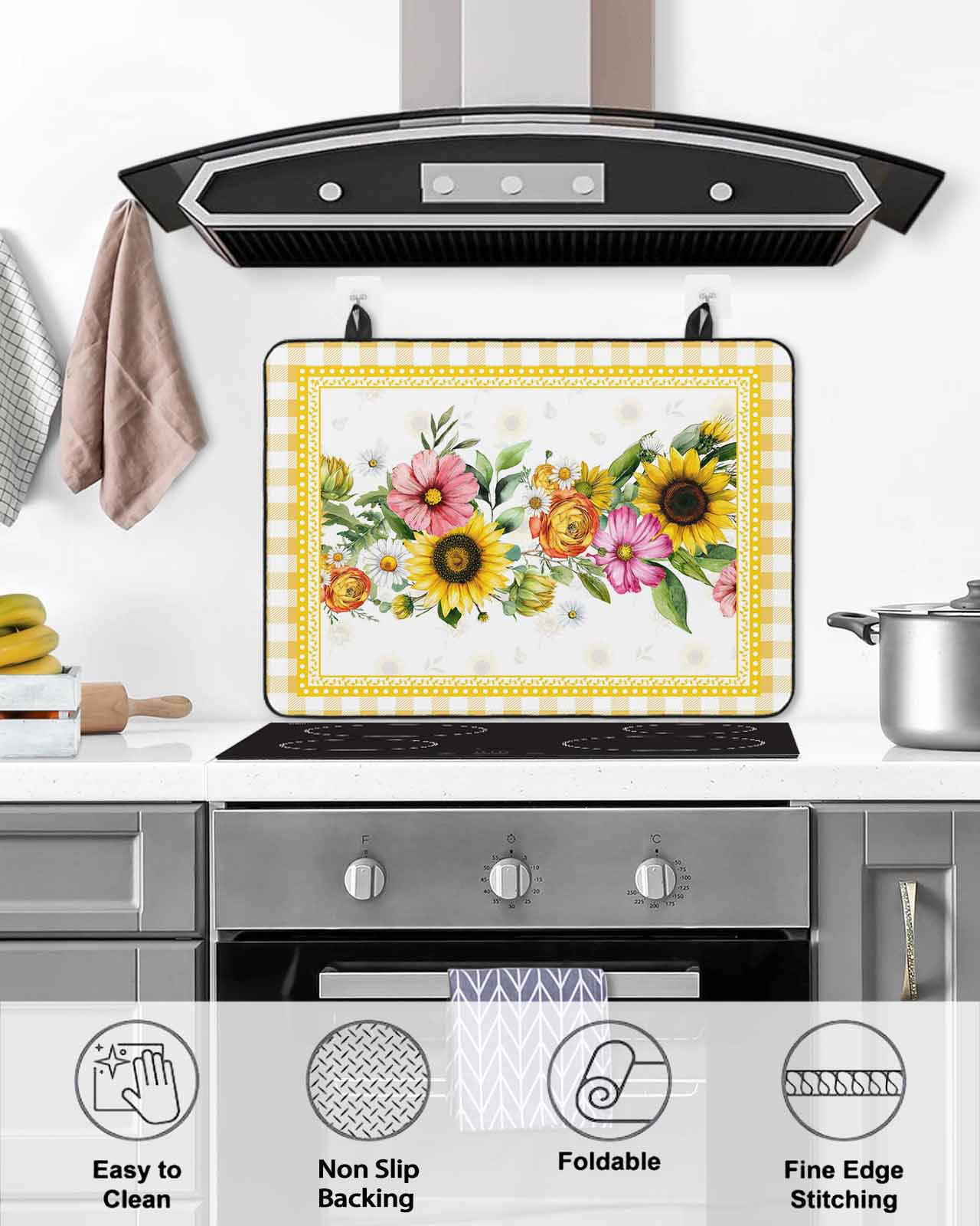 Large Induction Cooktop Protector Mat Sunflower Stove Top Covers for Electric Stove, Pink Yellow Floral Elegant Pastoral Checkered Decorative Stove Burner Cover Mats, Glass Top Stove Cover