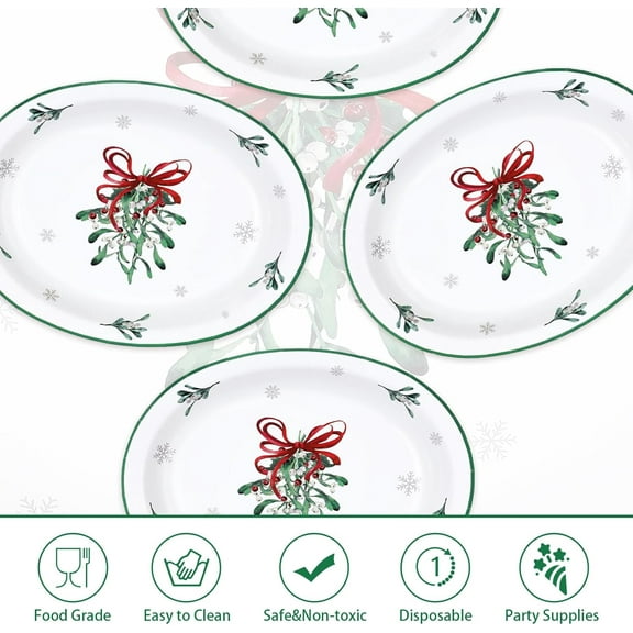 YUYAN-50Pcs Christmas Mistletoe Oval Paper Plates 10" x 12" Large Disposable Heavy Duty Christmas Paper Plates Red Ribbon Mistletoe Party Decorative for Xmas Winter Holiday Party Supplies