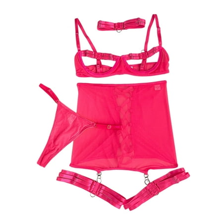 

Voguele Ladies Skirt Garter Sets With Collar Lingerie Set 5Pcs Sexy Underwired Women Stretchy Leg Ring Sheer Cut Out Rose Red M
