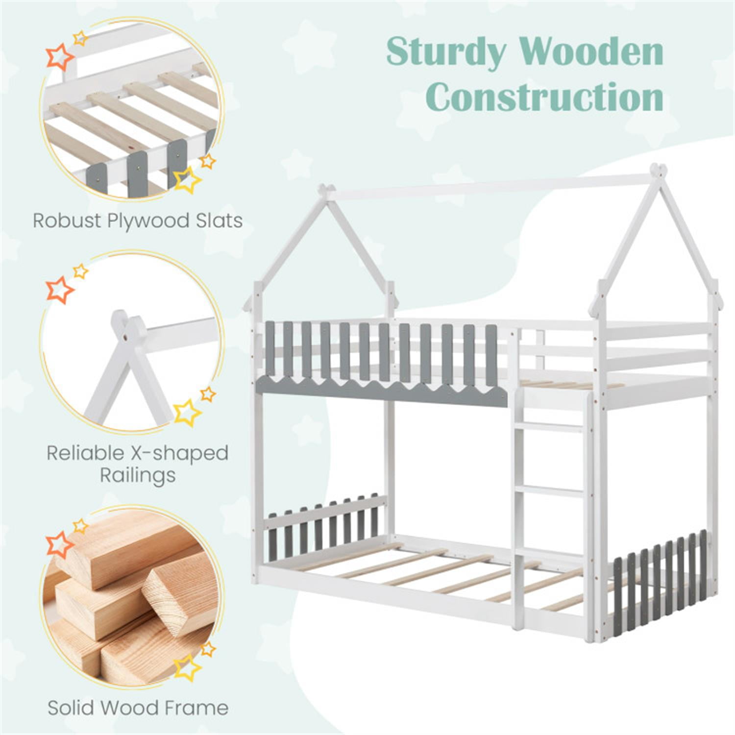 Demi Bonn Twin Over Twin Bunk Bed with Fence and Ladder, Twin Bunk Solid Wood Low Beds, Bed Frame, White