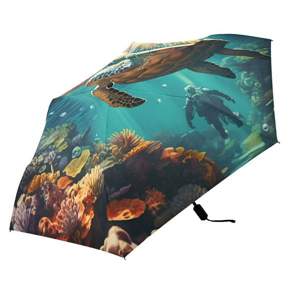 Turtle in Ocean Compact Folding Umbrella for Rain Windproof Travel Umbrella UPF 50  Lightweight Packable Arc Size