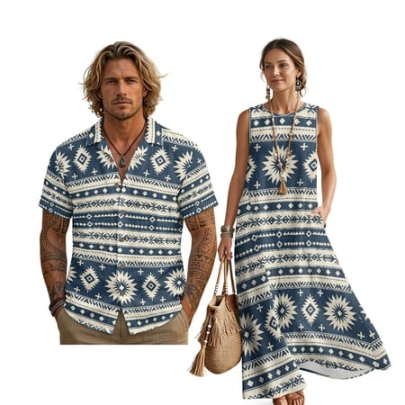 FOR U DESIGNS Tribal Geometric Aztec Print Couple Matching Outfit Set Couple Outfits Linen-Style Mens Button Down Shirt Sleeveless Women Long Dress