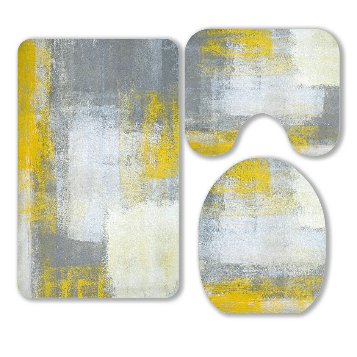 ECZJNT Grey and Yellow Abstract Art Painting 3 Piece Bathroom Rugs Set Bath Rug Contour Mat and