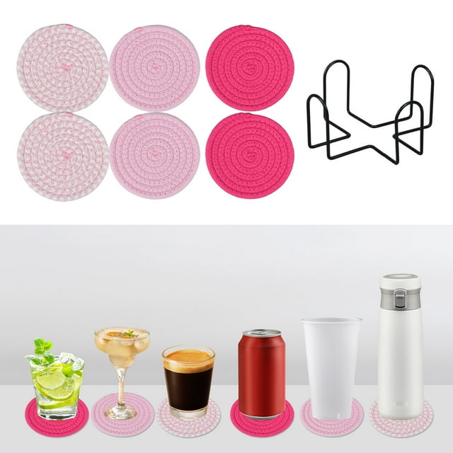 Woven Round Non Slip Non Scald Yarn Placemats, Thermal Insulation Durable Table Coasters, 6pcs with Storage Holders, All Purpose Trivets, Premium Natural Heat Resistant, Easy to Clean, Ideal Gift