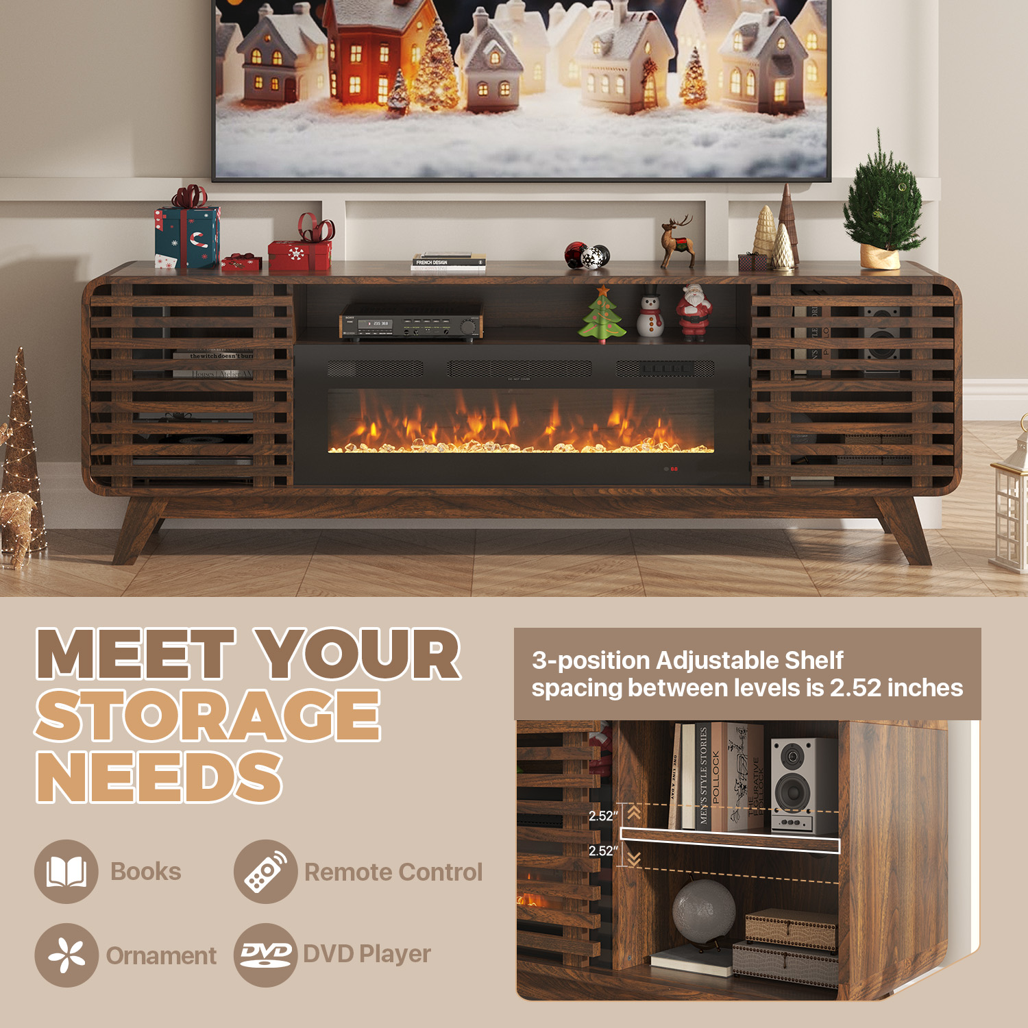 BaPiPro 70" Fireplace TV Stand with 36" Electric Fireplace, for TVs up to 80", Mid-Century Wood Entertainment Centre with Storage, Brown