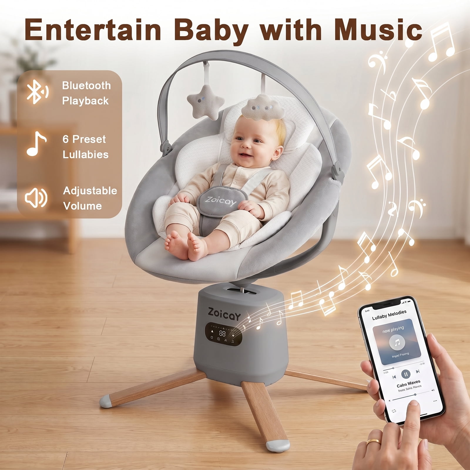 Zoicay Baby Swing with 5-Point Safety Harness, 8 Motions & 8 Speeds, 360° Rotatable Seat, Bluetooth & 6 Preset Melodies, App Remote Control, Gray