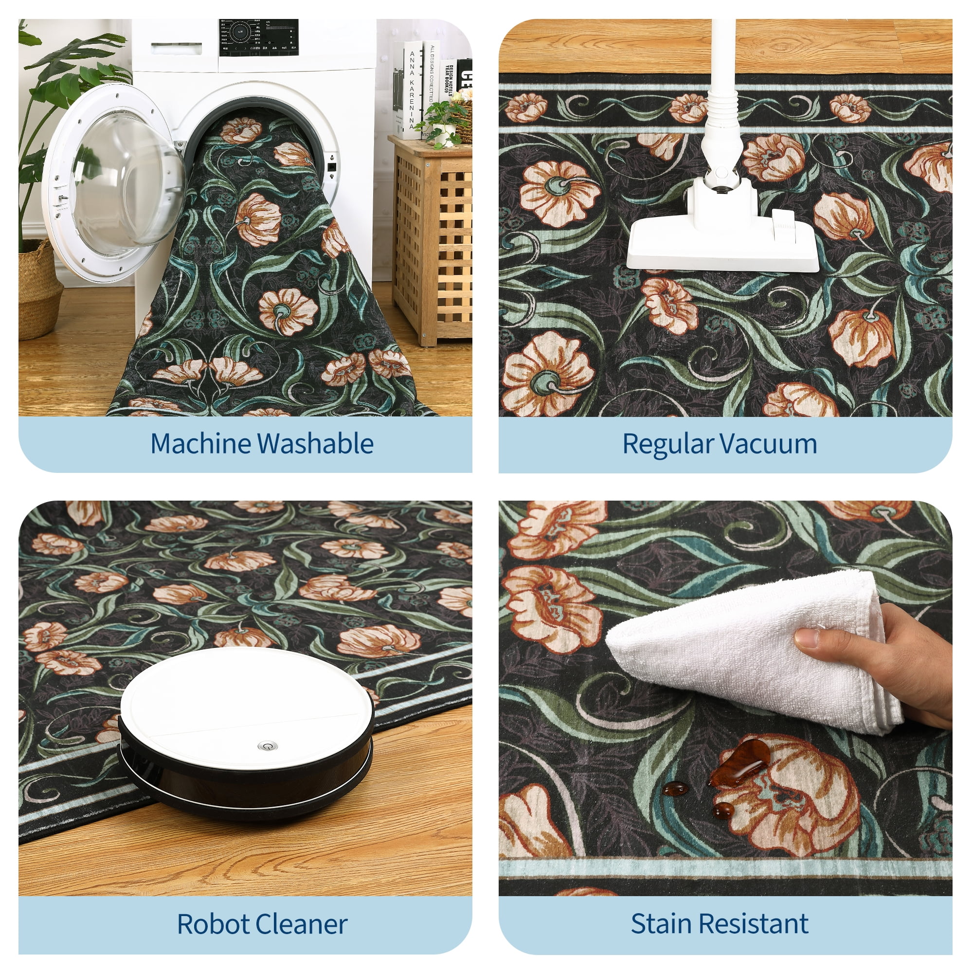 Memoryfield Modern Floral Area Rug 8' x 10', Washable Floor Cover, Soft Low-Pile Non-Slip Carpet, for Living Room Bedroom Dining Room, Black