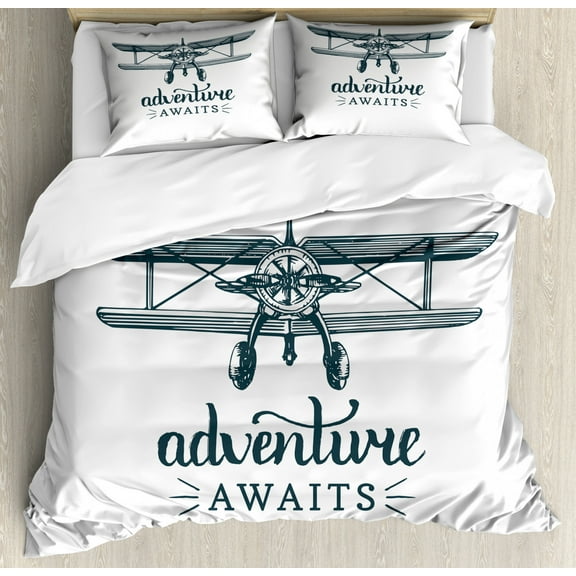 Adventure Awaits Duvet Cover Set King Size, Vintage Airplane Logo with Freedom Message Flying Aircraft, Decorative 3 Piece Bedding Set with 2 Pillow Shams, Dark Petrol Blue White, by Ambesonne
