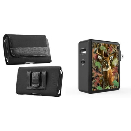 

Holster and Wall Charger Bundle for Nuu X6 Plus: PU Leather Nylon Belt Pouch Case (Black) and 45W 2 Port (Power Delivery USB-C USB-A) Power Adapter (Deer Hunter Camo)