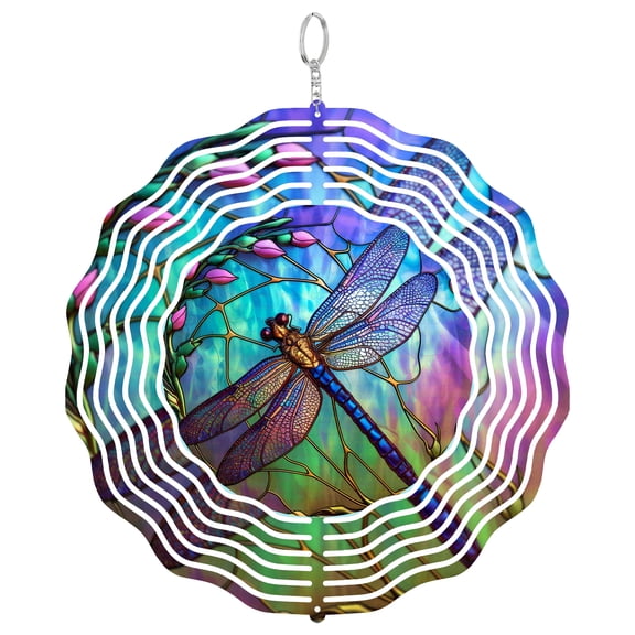 Blue Dragonfly Pond Nature 3D Wind Spinner Kinetic Yard Art Stainless Steel Garden Ornament Round