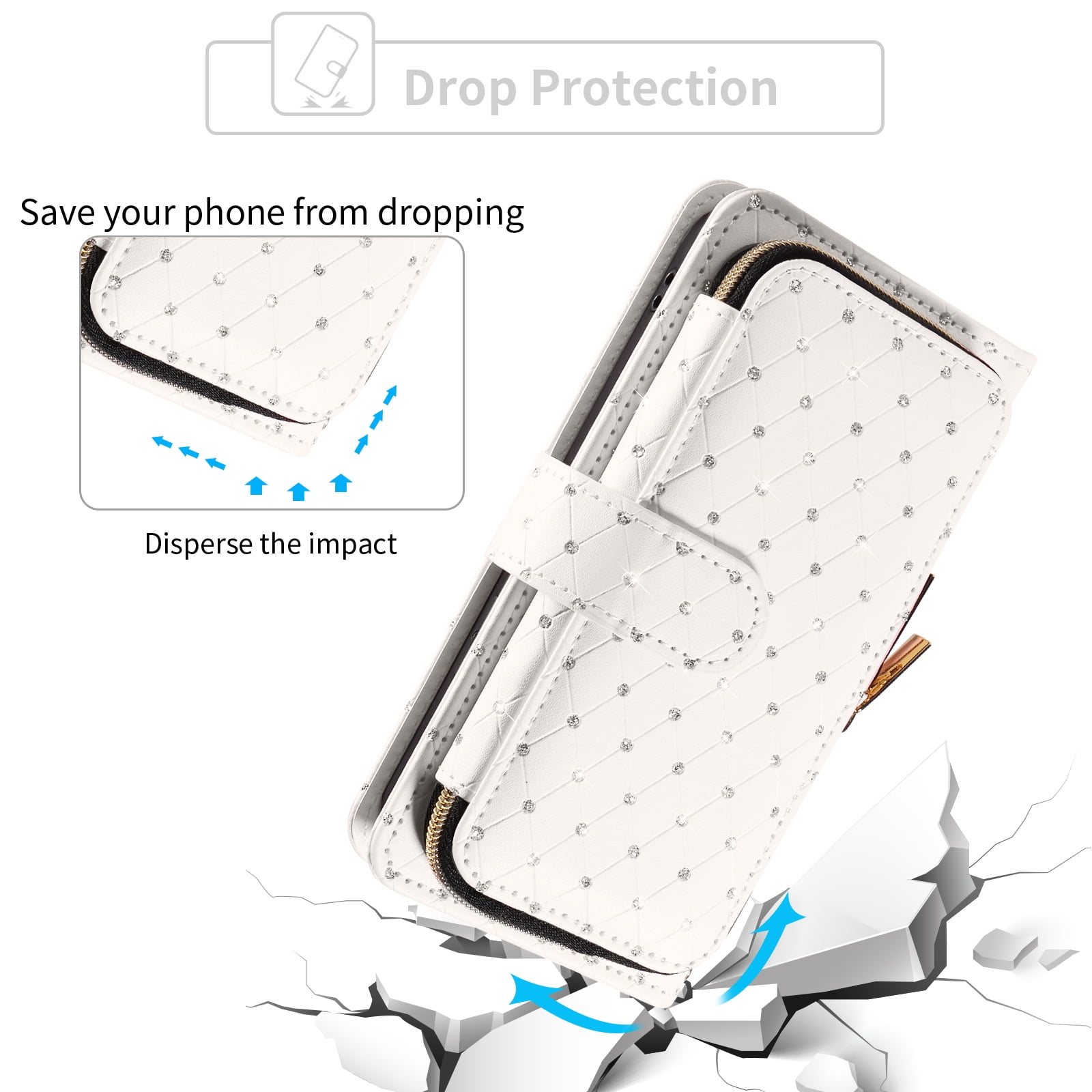 Compatible with iPhone 16 Pro Max 6.9 inch Wallet Phone Case Tempered Glass Screen Protector Bling Glitter Crossbody Lanyard Strap Flip Zipper Purse Card Holder Cell Cover for iP 16 i16PM Women White