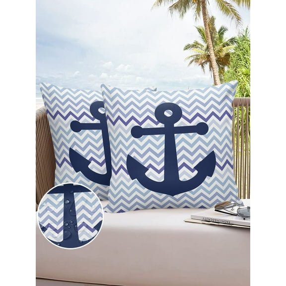 Outdoor Throw Pillow Cover Nautical Navy Blue Anchor Waterproof Cushion Covers 2 Pack Ripple Wave Chevron Stripe Pillow Cases Home Decoration for Patio Garden Couch Sofa
