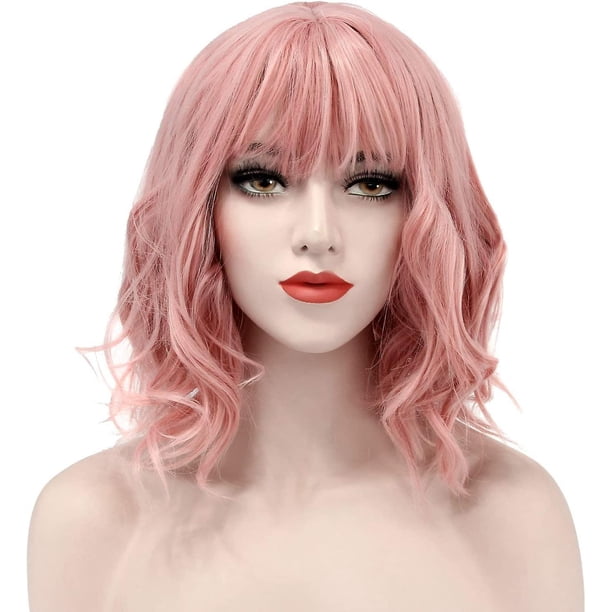 Peluca rosa Bob Peluca rosa corta Peluca corta rizada Señora encantadora Bob con onda de flecos