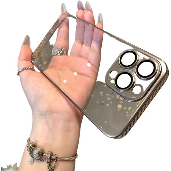 Electroplated Carbon Fiber Bezel Case, Clear Phone Case, Lens Full Cover, Hard Case, Drop Resistant and Wear Resistant, for iPhone 15 14 13 12 Pro Max Plus Phone Case (Grey,iPhone 14 Pro Max)