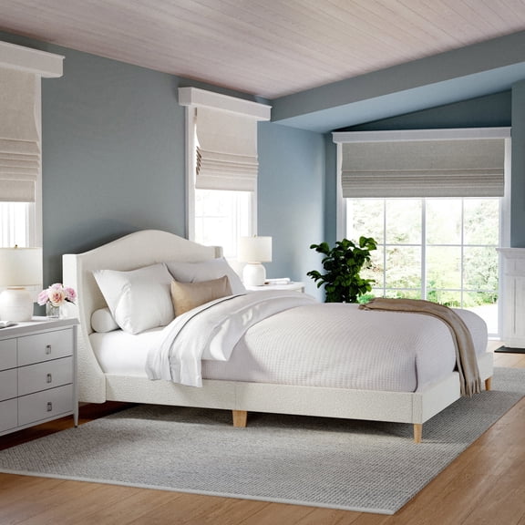 Martha Stewart King Upholstered Platform Bed with Curved Headboard and Cushioned Siderails, Wood Slat Foundation with No Box Spring Needed, Off-White Boucle