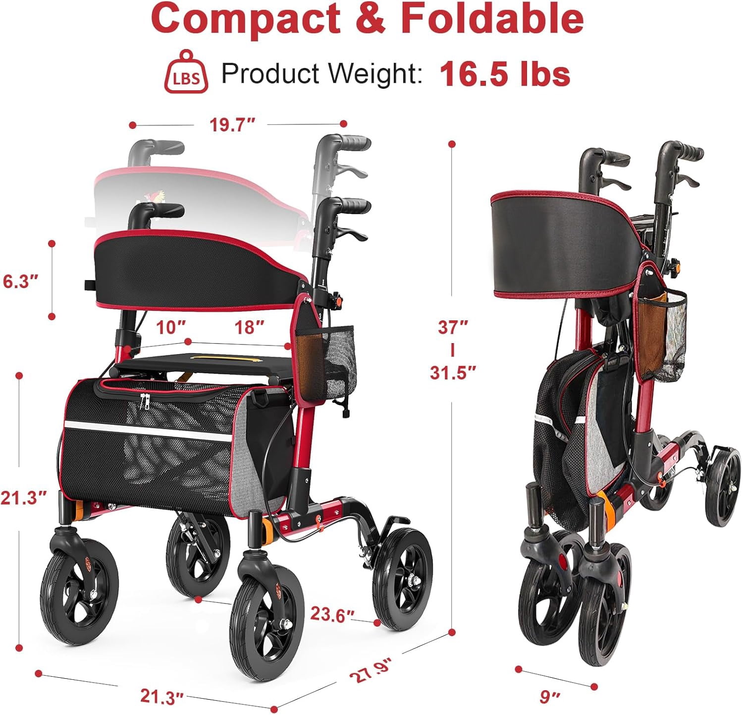 Aukfa Lightweight Rollator Walker with Seat,8" Big Wheels All Terrain Rolling Walker for Seniors,350 lbs Capacity, Red