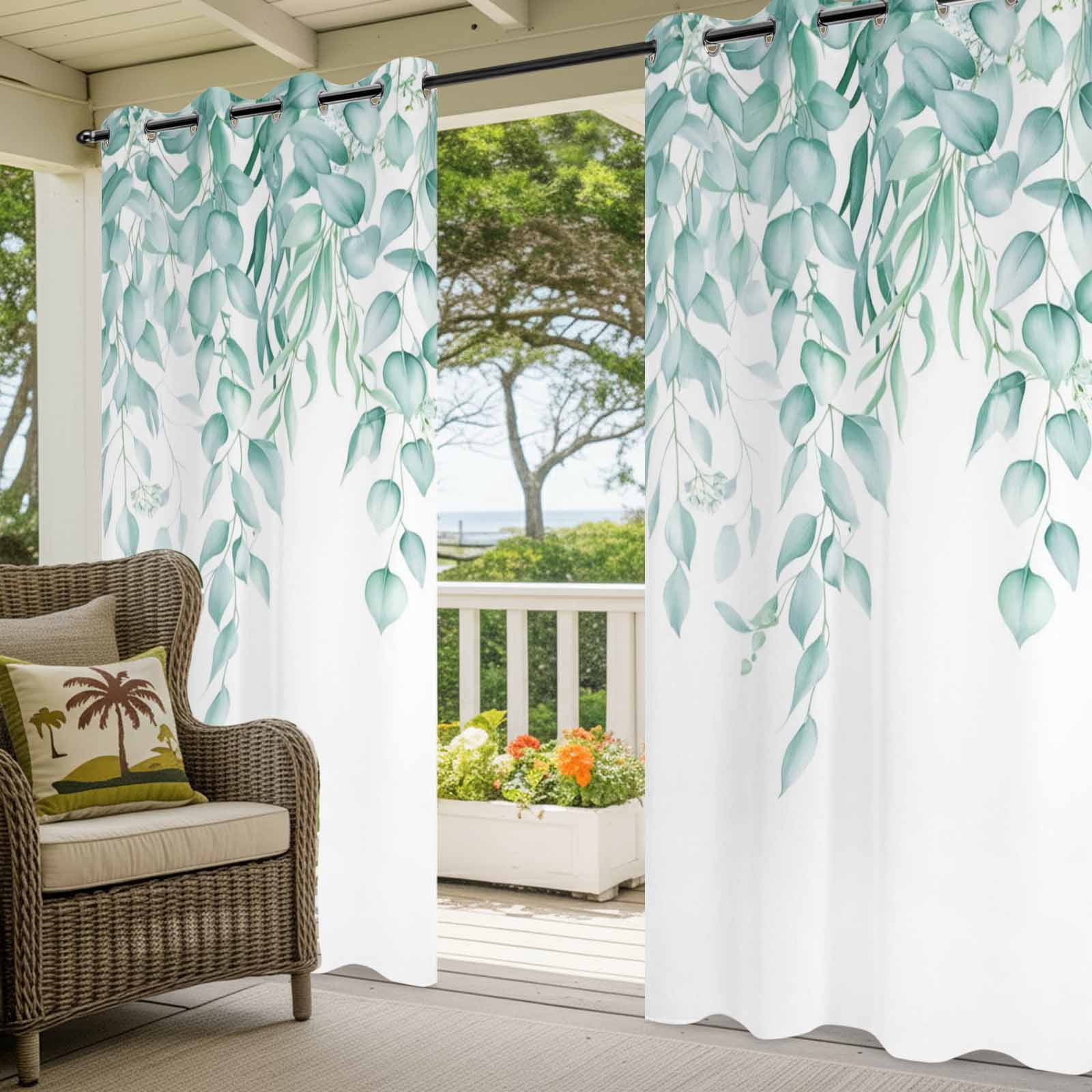 Green Leaf Outdoor Curtains for Patio, Eucalyptus Leaves Spring Plant Farmhouses Waterproof Outside Curtains Privacy Blackout Curtain for Porch Pergola Cabana, 1 Panel 54W x 108L Inch